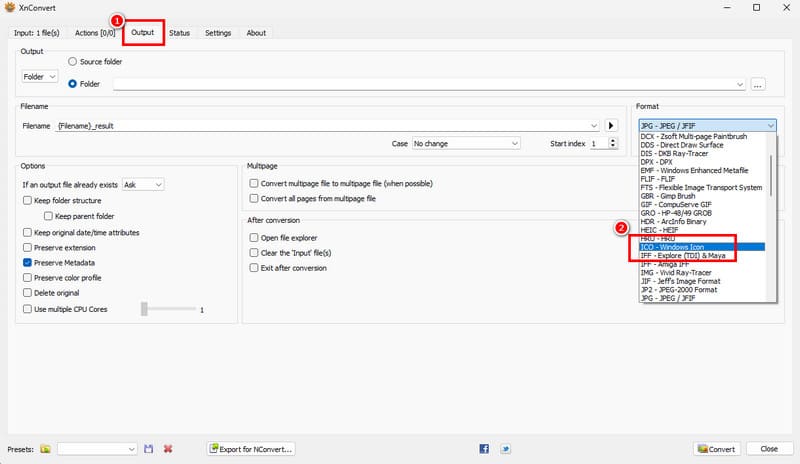 Ausgabeabschnitt ICO auswählen Xnconvert