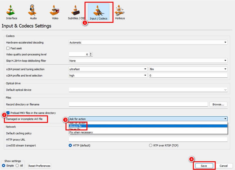 Eingabecodec – Immer reparieren in VLC
