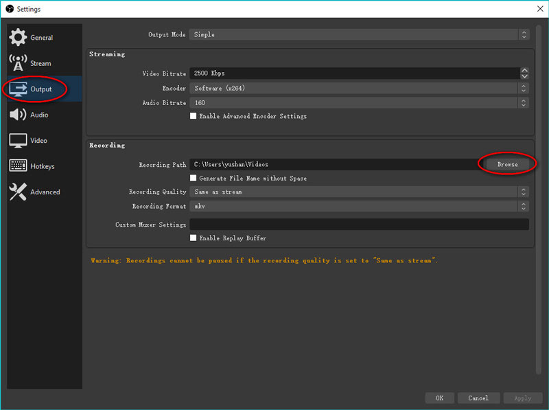 OBS-Aufnahmeort ändern