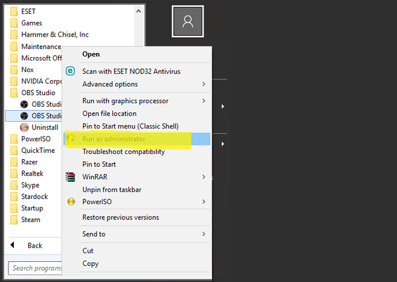 OBS als Administrator ausführen